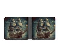 LPSADGF Fantasy Wolf Men's Wallet Leather Money Clip Slim Passcase With 6 Card Slots, 2 Hidden Pockets, Nautical Vintage Sailing Pirate Ship, One size, Modern