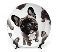 LPSADGF French Bulldog Decorative Plates Ceramic Decorative Plates for Display Bohemian Style Dinner Plate with Display Stand China Plate for Home Decoration 8inch