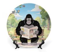 LPSADGF Gorilla Reading Newspaper Decorative Plates Ceramic Decorative Plates for Display Bohemian Style Dinner Plate with Display Stand China Plate for Home Decoration 10inch