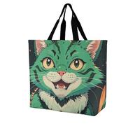 LPSADGF Happy Irish Holidays Tote Bag for Women - Reusable Foldable Grocery Shopping Bag, Crossbody Shoulder Handbag, Anime Green Cat, 40x40x16cm