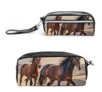 LPSADGF Horses Running in The Sand Pencil Case & Travel Makeup Bag Leather Pencil Pouch 2 Compartment Cosmetic Bag Portable Stationery Organizer for Supplies Office Travel Organizers