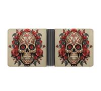 LPSADGF Marble Navy Blue Mixed Men's Wallet Leather Money Clip Slim Passcase With 6 Card Slots, 2 Hidden Pockets, Red rose sugar skull, One Size, Modern