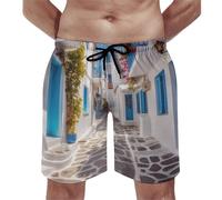 LPSADGF Mens Shorts Greece Street Swim Trunks Quick-Dry Beach Shorts with Drawstring Pocket Bathing Suit, White, L Short