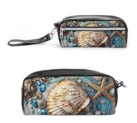 LPSADGF Ocean Shell Art Pencil Case & Travel Makeup Bag Leather Pencil Pouch 2 Compartment Cosmetic Bag Portable Stationery Organizer for Supplies Office Travel Organizers