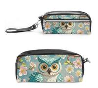 LPSADGF Owl Spring Flowers Turquoise Pencil Case & Travel Makeup Bag Leather Pencil Pouch 2 Compartment Cosmetic Bag Portable Stationery Organizer for Supplies Office Travel Organizers