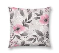 LPSADGF Pink Flowers and Leaves on Gray Throw Pillow Covers Farmhouse Cushion Cover Boho Plush Pillowcase Decorative Square Pillow Case for Couch Sofa Bed Living Room Home Decor 18 "x18