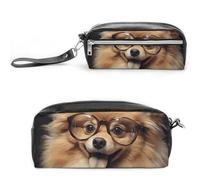 LPSADGF Pomeranian Dog Wearing Glasses Pencil Case - Large Capacity Pencil Pouch with Double Compartments PU Leather Zippered Organizer Bag for Office & Travel | Water-Resistant Cosmetic Makeup Bag