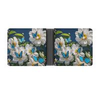 LPSADGF Poppy Flowers Men's Wallet Leather Money Clip Slim Passcase With 6 Card Slots, 2 Hidden Pockets, White Blooms Blue Butterflies, One Size, Modern