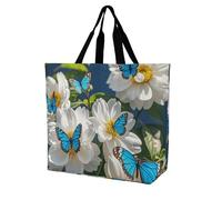 LPSADGF Poppy Flowers Tote Bag for Women - Reusable Foldable Grocery Shopping Bag, Crossbody Shoulder Handbag, White Blooms Blue Butterflies, 40x40x16cm