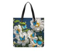 LPSADGF Poppy Flowers Tote Bags for Women Leather Handbag Makeup Bag with Magnetic Buckle Design Casual Bag, White Blooms Blue Butterflies, 39x39cm