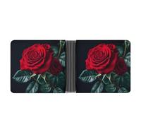 LPSADGF Punk Rock Earphones Skull Men's Wallet Leather Money Clip Slim Passcase With 6 Card Slots, 2 Hidden Pockets, Red Rose Black Background, One Size, Modern