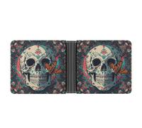 LPSADGF Punk Rock Earphones Skull Men's Wallet Leather Money Clip Slim Passcase With 6 Card Slots, 2 Hidden Pockets, Skeleton Death Moth, One Size, Modern
