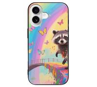LPSADGF Rainbow Bridge Raccoon for iPhone 16 Case, Slim Tempered Glass Back Protective Cover, Soft TPU Shockproof Protective Phone Case