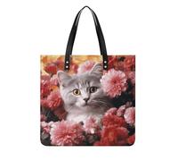 LPSADGF Sleeping Little Cat Tote Bags for Women Leather Handbag Makeup Bag with Magnetic Buckle Design Casual Bag, Cat in Flowers, 39x39cm