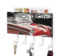 LPSADGF Wall Mounted Key Holder with 5 Hooks & Mail Organizer - Classic Car Roadsters Old Fashioned Self-Adhesive PU Leather Key Rack for Entryway, Hallway, Bathroom Organization