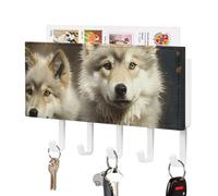 LPSADGF Wall Mounted Key Holder with 5 Hooks & Mail Organizer - Cute Wolf Self-Adhesive PU Leather Key Rack for Entryway, Hallway, Bathroom Organization