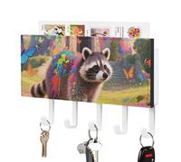 LPSADGF Wall Mounted Key Holder with 5 Hooks & Mail Organizer - Fairy Castle Raccoon Self-Adhesive PU Leather Key Rack for Entryway, Hallway, Bathroom Organization
