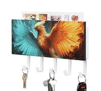 LPSADGF Wall Mounted Key Holder with 5 Hooks & Mail Organizer - Fire and Water Phoenix Self-Adhesive PU Leather Key Rack for Entryway, Hallway, Bathroom Organization