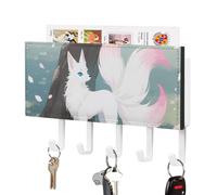 LPSADGF Wall Mounted Key Holder with 5 Hooks & Mail Organizer - Fox Under The Peach Tree Self-Adhesive PU Leather Key Rack for Entryway, Hallway, Bathroom Organization