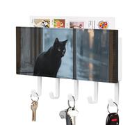 LPSADGF Wall Mounted Key Holder with 5 Hooks & Mail Organizer - Melancholy Black Cat Self-Adhesive PU Leather Key Rack for Entryway, Hallway, Bathroom Organization