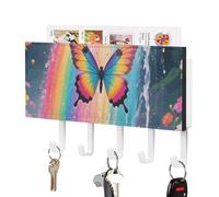 LPSADGF Wall Mounted Key Holder with 5 Hooks & Mail Organizer - Rainbow - Winged Butterfly by Falls Self-Adhesive PU Leather Key Rack for Entryway, Hallway, Bathroom Organization