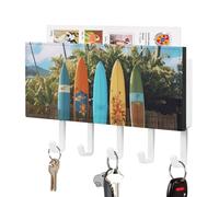 LPSADGF Wall Mounted Key Holder with 5 Hooks & Mail Organizer - Surf's Up Surfboard Self-Adhesive PU Leather Key Rack for Entryway, Hallway, Bathroom Organization