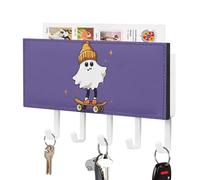 LPSADGF Wall Mounted Key Holder with 5 Hooks & Mail Organizer - The Ghost of Skateboards Self-Adhesive PU Leather Key Rack for Entryway, Hallway, Bathroom Organization