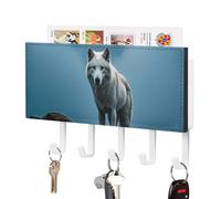 LPSADGF Wall Mounted Key Holder with 5 Hooks & Mail Organizer - The White Wolf on The Rock Self-Adhesive PU Leather Key Rack for Entryway, Hallway, Bathroom Organization