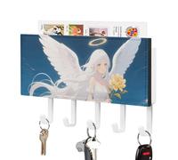 LPSADGF Wall Mounted Key Holder with 5 Hooks & Mail Organizer - White - Haired Angel Self-Adhesive PU Leather Key Rack for Entryway, Hallway, Bathroom Organization