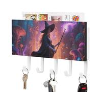 LPSADGF Wall Mounted Key Holder with 5 Hooks & Mail Organizer - Witch in The Mysterious Forest Self-Adhesive PU Leather Key Rack for Entryway, Hallway, Bathroom Organization