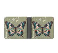 LPSADGF Wooden Board Arrangement Men's Wallet Leather Money Clip Slim Passcase With 6 Card Slots, 2 Hidden Pockets, Ancient butterfly, One Size, Modern