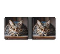 LPSADGF Wooden Board Arrangement Men's Wallet Leather Money Clip Slim Passcase With 6 Card Slots, 2 Hidden Pockets, Cat sleeping, One Size, Modern