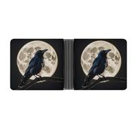 LPSADGF Wooden Board Arrangement Men's Wallet Leather Money Clip Slim Passcase With 6 Card Slots, 2 Hidden Pockets, Black Crow on Full Moon, One Size, Modern