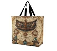 LPSADGF Wooden Board Arrangement Tote Bag for Women - Reusable Foldable Grocery Shopping Bag, Crossbody Shoulder Handbag, Antique Treasure Map, 40x40x16cm