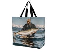 LPSADGF Yellow Gray Flower Tote Bag for Women - Reusable Foldable Grocery Shopping Bag, Crossbody Shoulder Handbag, Bass Fishing Wave, 40x40x16cm