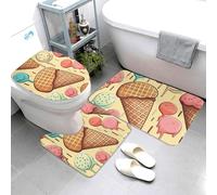 LPSRTWE 3 Piecse Bathroom Rug Set,Non-Slip Bath Mats for Floor Ultra Soft Absorbent Bath Rugs Ice Cream and Waffle Pattern U-Shaped Contour Rug and Toilet Lid Cover for Tub Shower Vanity Area Rugs