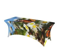 LPSRTWE 6FT Spandex Table Cloth for Rectangular Tables, Wrinkle Resistant Stretch Tablecloths Butterfly on Daisy Flower Waterproof Picnic Tablecloth for Party, Banquet, Wedding Table Cover