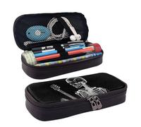 LPSRTWE Abstract Skull Skeleton Playing Guitar Pencil Case Large Capacity Pen Pouch Leather Zipper Pencil Box Holder Portable Pen Bag for Women Men