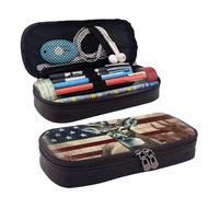 LPSRTWE Americana Flag Deer Pencil Case Large Capacity Pen Pouch Leather Zipper Pencil Box Holder Portable Pen Bag for Women Men