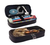 LPSRTWE Animal Hedgehog Music Violin Pencil Case Large Capacity Pen Pouch Leather Zipper Pencil Box Holder Portable Pen Bag for Women Men
