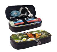 LPSRTWE Butterfly on Daisy Flower Pencil Case Large Capacity Pen Pouch Leather Zipper Pencil Box Holder Portable Pen Bag for Women Men