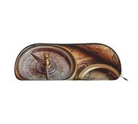 LPSRTWE Leather Pencil Case Compass and Old World Map Pen Bag with Zipper Makeup Pouch Small Pencil Bag for Work & Office, Silver, One Size