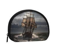 LPSRTWE Penguin with glasses Mini Coin Purse Pouch Change Holder, Shell Shape Zip Around Wallet,Credit Card Holder for Women, Sailing Ship In Storm, One Size, Classic