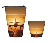 LPSRTWE Telescopic Pencil Bag Aircraft Plane at Sunset Pen Holder Standing Pencil Case Cute Stand Up Pen Holder Organizer Pop Up Cosmetics Bag with Zipper Portable Pencil Pouch for Office