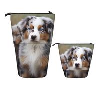 LPSRTWE Telescopic Pencil Bag Australian Shepherd Pen Holder Standing Pencil Case Cute Stand Up Pen Holder Organizer Pop Up Cosmetics Bag with Zipper Portable Pencil Pouch for Office