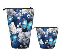 LPSRTWE Telescopic Pencil Bag Blue Butterflies White Flowers Pen Holder Standing Pencil Case Cute Stand Up Pen Holder Organizer Pop Up Cosmetics Bag with Zipper Portable Pencil Pouch for Office