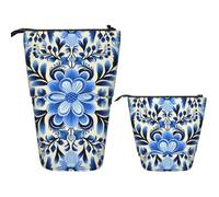 LPSRTWE Telescopic Pencil Bag Blue Folk Art Pen Holder Standing Pencil Case Cute Stand Up Pen Holder Organizer Pop Up Cosmetics Bag with Zipper Portable Pencil Pouch for Office