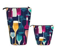 LPSRTWE Telescopic Pencil Bag Cocktail Glasses and Wine Bottles Pen Holder Standing Pencil Case Cute Stand Up Pen Holder Organizer Pop Up Cosmetics Bag with Zipper Portable Pencil Pouch for Office