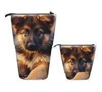 LPSRTWE Telescopic Pencil Bag German Shepherd Puppy Pen Holder Standing Pencil Case Cute Stand Up Pen Holder Organizer Pop Up Cosmetics Bag with Zipper Portable Pencil Pouch for Office