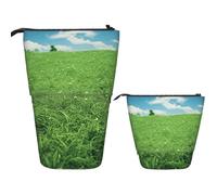 LPSRTWE Telescopic Pencil Bag Green Lawn Pen Holder Standing Pencil Case Cute Stand Up Pen Holder Organizer Pop Up Cosmetics Bag with Zipper Portable Pencil Pouch for Office